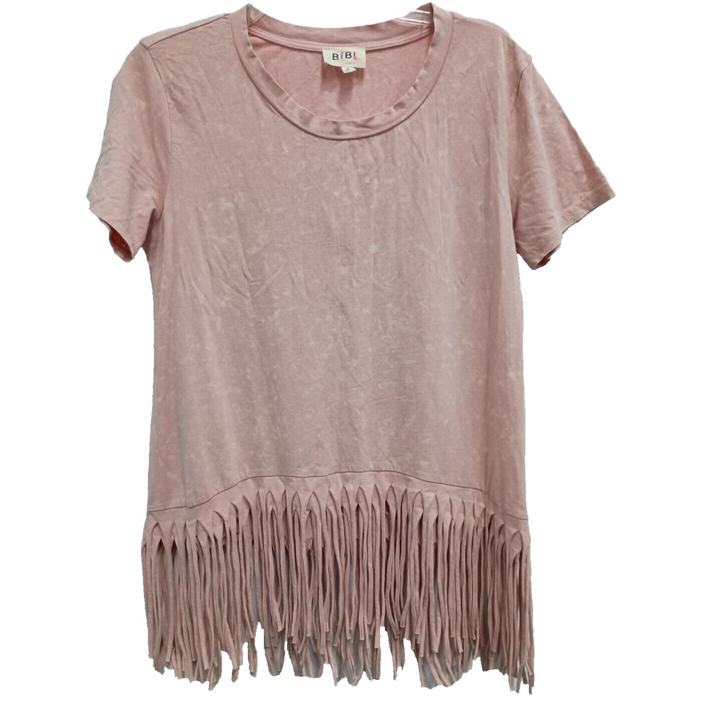 BiBi BOHO Cowgirl Top Womens Small Pink Fringe Short Sleeve Distressed Washed